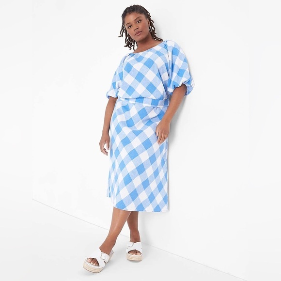 LANE BRYANT Crop Balloon-Sleeve Top & midi skirt set LINEN Lattice Check SIZE 22 - Picture 3 of 15